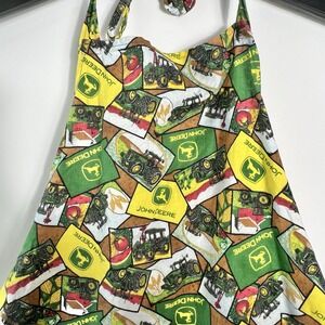 John Deere Green Yellow Tractor Print Full Apron Tie Neck Waist‎ Handmade OSFM